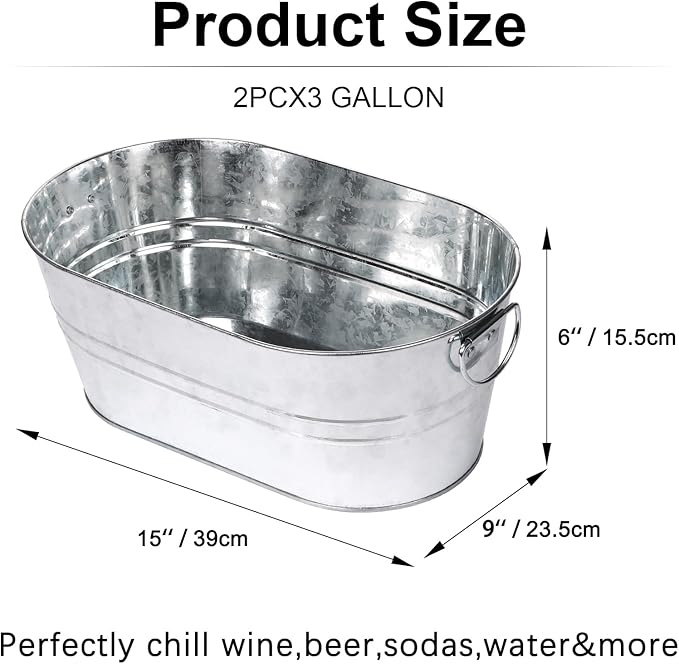 Galvanized Tub Beverage Tubs, 2pcs Metal Ice Buckets for Cocktail Bar 3 Gallon Wine Beer Drink Buckets with Handles Large Tub Cooler Mimosa Bar Supplies Ice Bucket for Parties (Galvanized)