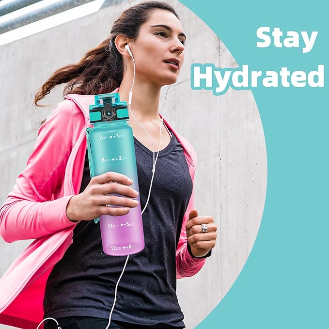 OLDLEY 32 oz Water Bottle, Motivational Water Bottle with Time Marker, Sports Water Bottle With Strap, Leakproof & BPA Free Large Water Bottles for School, Gym, Travel,Tritan,Green&Purple