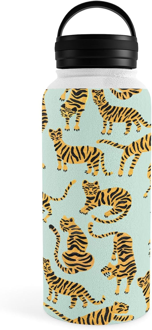 Deny Designs Water Bottle, Handle Lid 32 oz, Cat Coquillette Tiger Collection Mint Orange