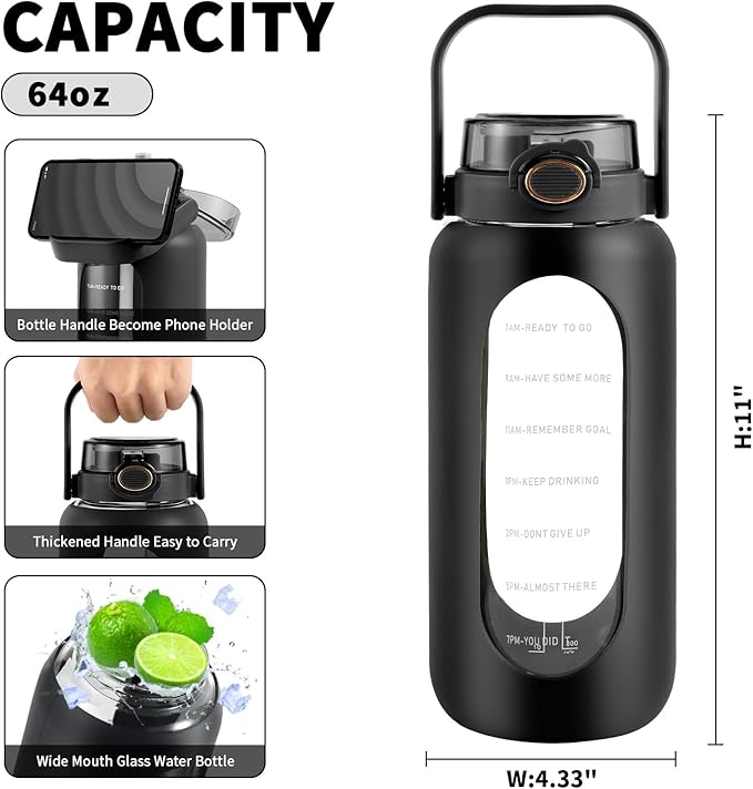 64oz Glass Water Bottle with Straw and Handle - Half Gallon Motivational Water Jug with Time Marker and Silicone Sleeve, Leak proof Wide Mouth Water Flask for Gym, Sports, and Daily Use (Black)