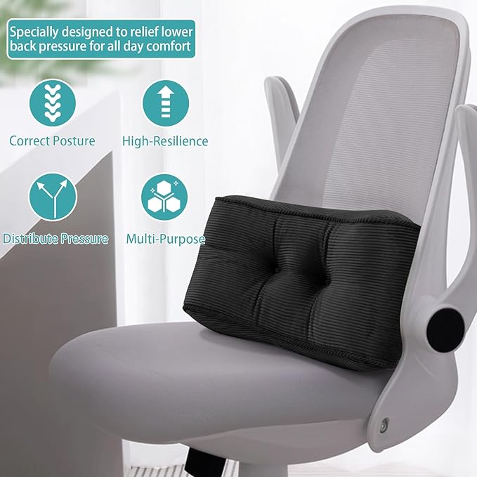 Lumbar Support Pillow for Office Chairs, Back Support Pillow for Lower Back Pain Relief, Soft & Good Support Corduroy Desk Lumbar Cushion, 14.9"x9"x5.5", Small (Black)