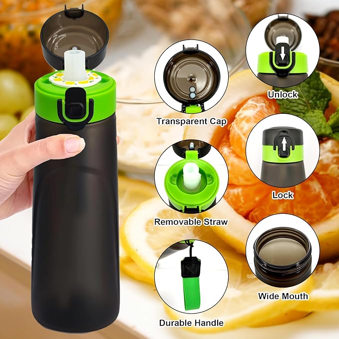 Air Water Bottle, Air Water Bottle with 11 Flavor Pods, 750ml Air Water Bottle with Straw, Scented Sports Water Bottle Set with Flavour Pods, 0 Sugar No BPA for Schools, Gym, Outdoor Sports