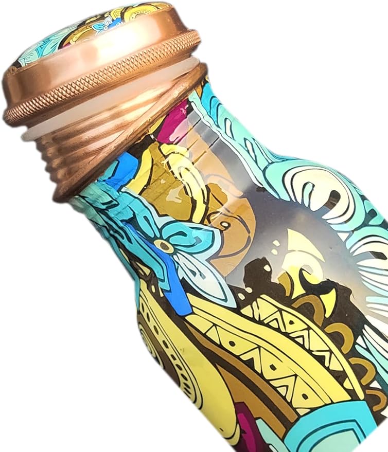 Copper Ayurveda Copper Water Bottle for Drinking – Travel Water Bottle for Gym, Yoga, Office, Hiking, Outdoor – with Lid (Yellw Pink floral) (Teal black floral)