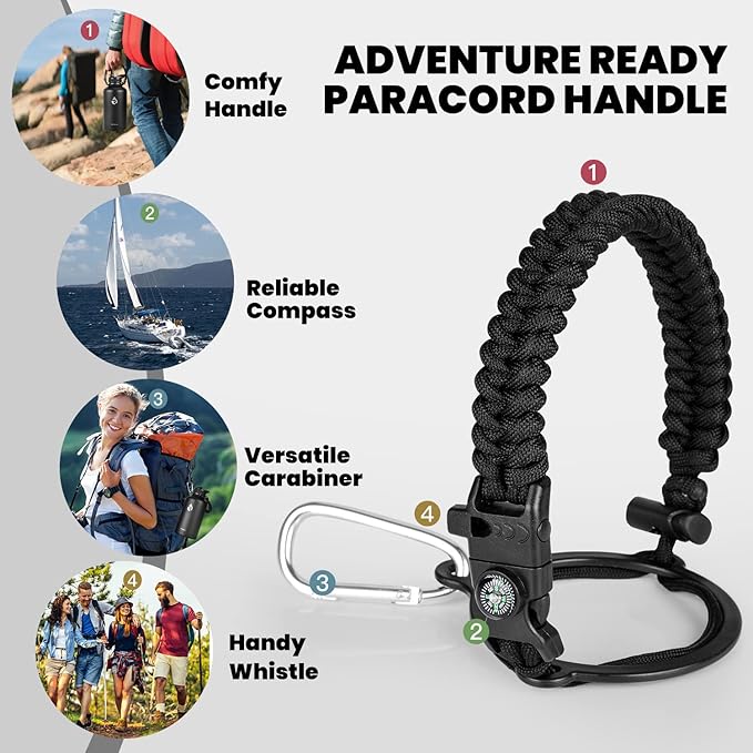 One Gallon Water Bottle Insulated, Triple Walled Vacuum Stainless Steel (Cold for 48 Hrs), Leak Proof & Non-BPA, Large Water Flask Jug with Paracord Handle & Straw Spout Lids