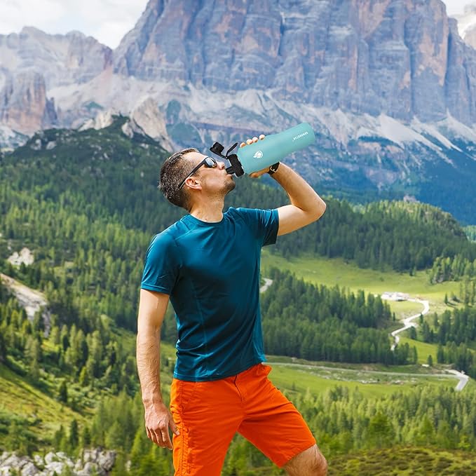 SENDESTAR Water Bottle 32oz,2 Lids(Straw lid),Wide Mouth Stainless Steel Vacuum Insulated Double Wall Keep Liquids Cold or Hot All Day,Sweat Proof Sport Design,Fit Car Cup Holder(Light Blue)