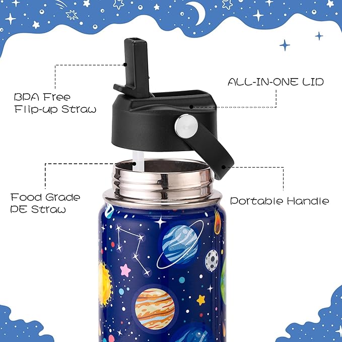 Kids Insulated Water Bottle, 2 Pack 12oz Space Water Bottles Bulk with Flip Straw & Big Handle, 18/8 Stainless Steel, Gifts for Kids Boys Girls to School Travel Sports, Hands Wash Only, Blue & Black