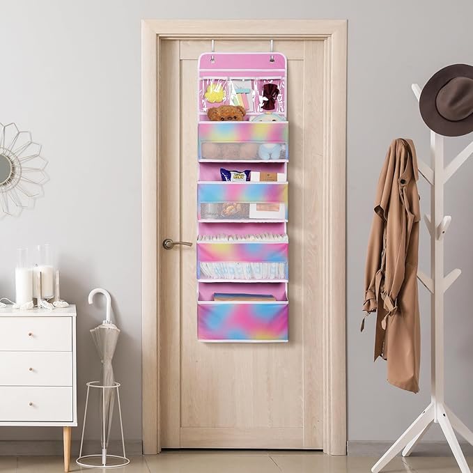 Univivi Door Storage Organizer Nursery Over the Door Organizer Baby Storage with 4 Large Pockets and 3 Small PVC Pockets for Baby Girls Room Toys and Sundries Organization