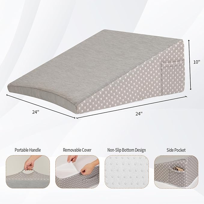 Wedge Pillow for Sleeping, 10 Inch Cooling Triangle Bed Pillow with Removable Cover, Elevated Body Pillow Wedge for Back Support, After Leg Surgery, Snoring, Acid Reflux, Grey