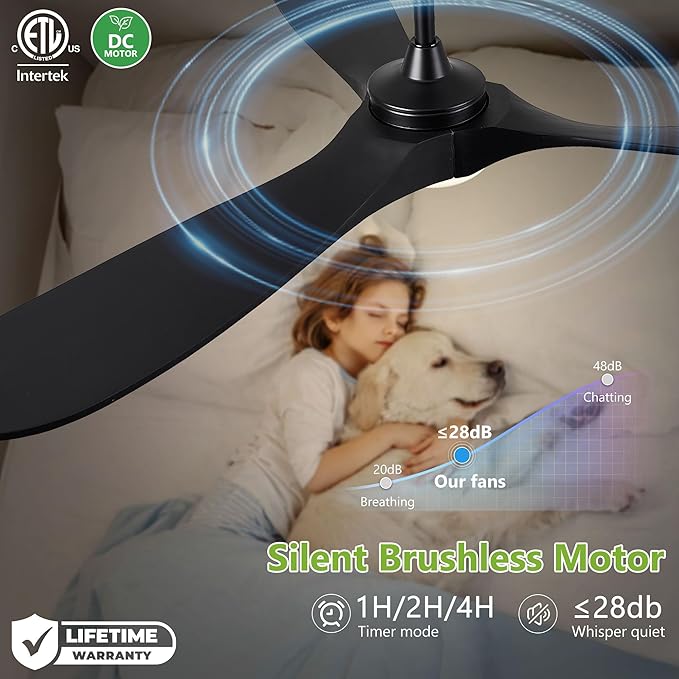 Ceiling Fans with Lights, 60 Inch Solid Wood Black Ceiling Fans with Lights and Remote Control for Outdoor Ceiling Fan with Light Propeller for Porch Farmhouse, DC ETL Listed, Matte Black