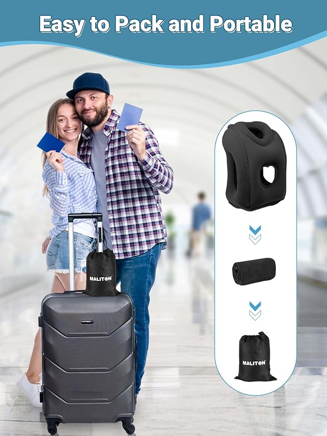 Maliton Inflatable Travel Pillow for Airplane Comfortable Sleeping to Relieve Neck and Shoulder Pain, Support Head Inflatable Pillow for Long Flights, Used for Airplanes, Cars, Trains, Office(Black)