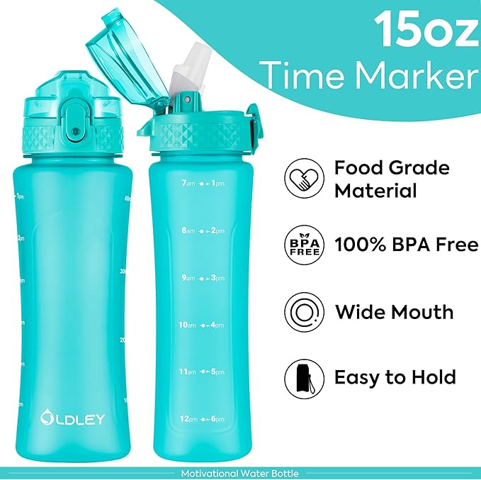 OLDLEY Kids Water Bottle with Straw for School Girls Boys, 15 oz Unbreakable Leak-Proof BPA-Free Motivational Water Bottles with Times to Drink for Travel Sports Gym, 1 Straw Lid, Mint