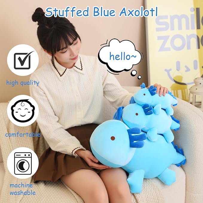 SQEQE Weighted Axolotl Plush Toy, Blue Axolotl Stuffed Animals Cute Axolotl Plush Pillow, Kawaii Weighted Stuffed Animals Gifts for Girls & Boys Age 3-12 (13.8" | 1.6 lbs, Blue Axolotl)