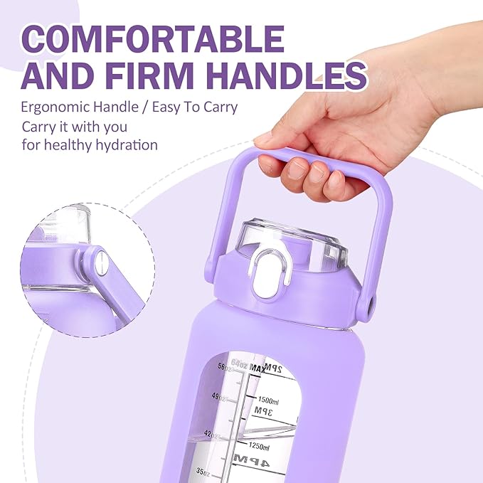 kytffu 64oz Glass Water Bottles with Straw, Half Gallon Motivational Glass Bottle with Silicone Sleeve and Time Marker, 2L Leakproof Large Glass Water Jug for Gym Home Office, Purple