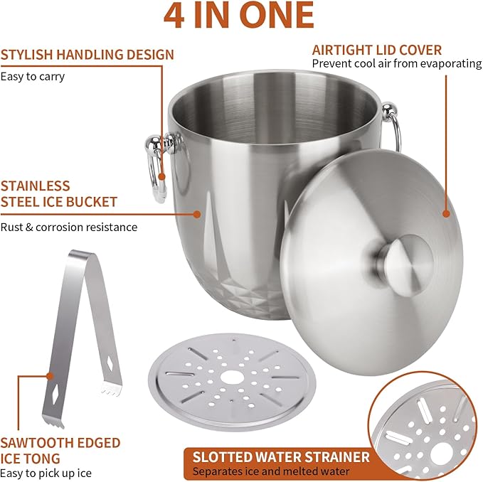 Ice Bucket with Lid, Double Wall Stainless Steel insulated ice bucket, Champagne Bucket, Wine Bucket for parties, cocktail bar, Sliver, 3L