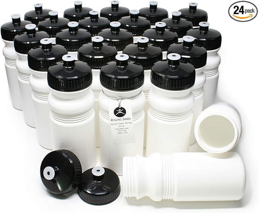 Rolling Sands 20 Ounce Sports Water Bottles 24 Pack, BPA-Free, Made in USA, Dishwasher Safe, White Bottles/Black Lids