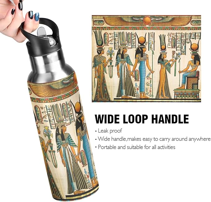 Blueangle 20 OZ Queen Of Egypt Water Bottle with Straw, Sports Water Bottle BPA Free Stainless Steel Water Jugs for Gym, Kitchen, Working, Outdoor（26）