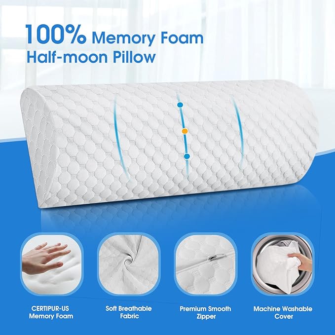 Forias Knee Pillow for Back Sleeping, Memory Foam Leg Pillow for Side Sleeping Bolster Pillow for Legs Elevation Half Moon Leg Elevation Pillow for Knee Lumbar Support, Ankle Rest and Foot Comfort