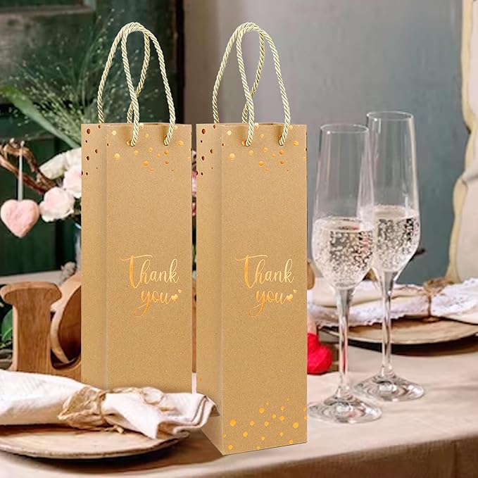Ssyuysto 12 Pcs Wine Thank You Bags for Wine Bottles Elegant Wine Gift Bags with Metallic Gold Foil Print Kraft Paper Wine Bags with Handles for Travel(Brown)