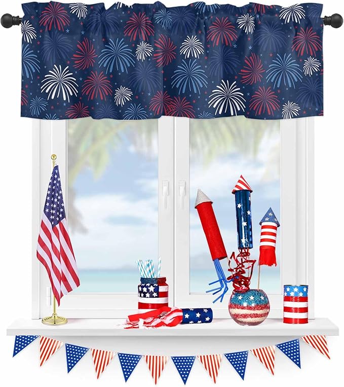 July 4th Kitchen Curtains Valances for Windows Fireworks Celebrate Patriotic Americana Stars Rod Pocket Window Treatment for Kitchen/Living Room/Bedroom/Bathroom, 42" X 18", Red, White and Blue