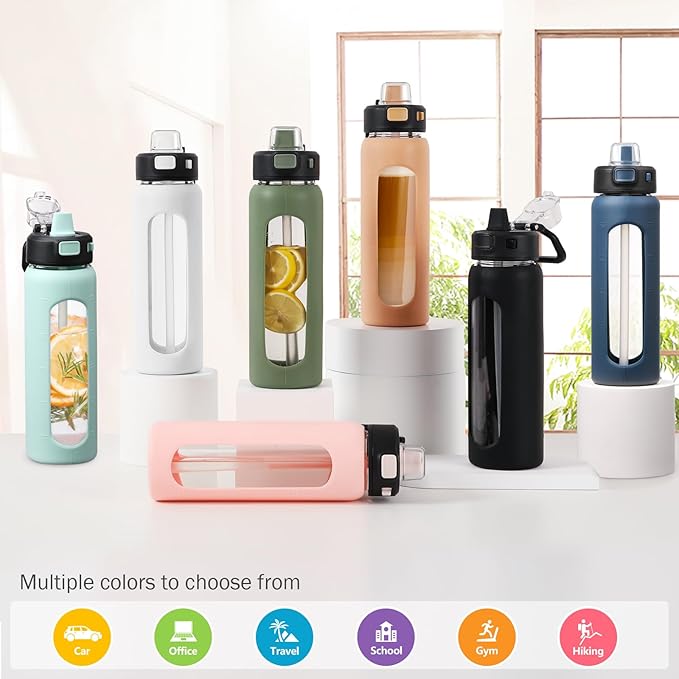 Kodrine Water Bottle With Straw and Carry Handle, Glass Water Bottle 24 oz Leak Proof Locking Lid with Soft Silicone Spout, Small Clear Water Bottle, Travel Sports Water Jug, Time Marker, Olive