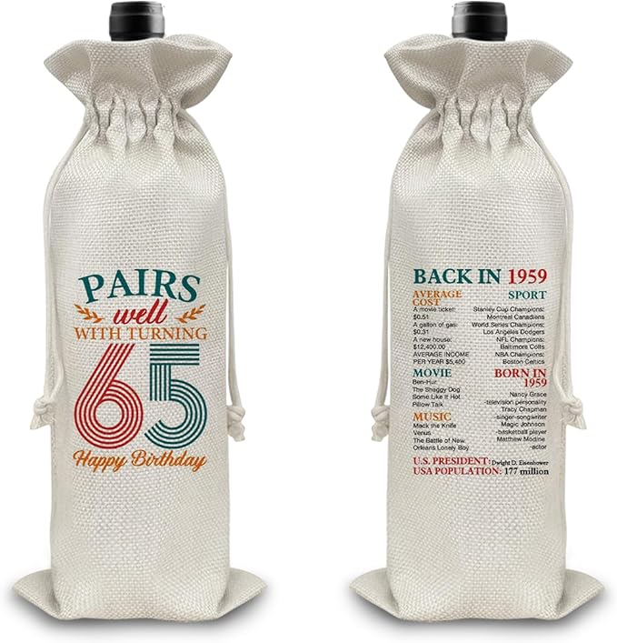 65th Birthday Gifts Wine Bag Congratulations Gifts for Women Men Parents Mom Dad Anniversary 1959 Birthday Wine Gift Bag