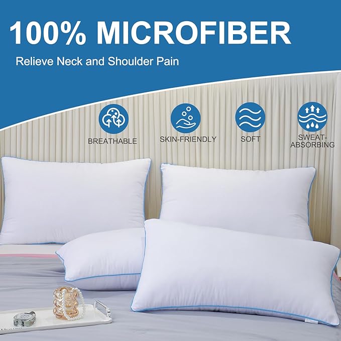 Uniqwamer Bed Pillows for Sleeping 4 Pack - Luxury Hotel Quality Pillows Standard Size Set of 4 - Cooling Pillows with Premium Plush Soft Down Alternative Fill for Back Side Sleepers