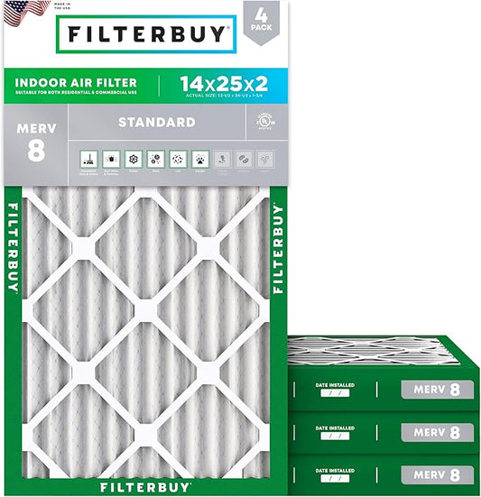Filterbuy 14x25x2 Air Filter MERV 8 Dust Defense (4-Pack), Pleated HVAC AC Furnace Air Filters Replacement (Actual Size: 13.50 x 24.50 x 1.75 Inches)