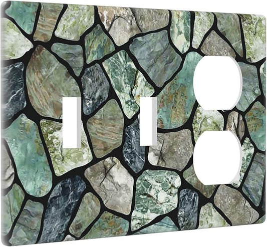 Green Stone Texture Combo 2 Toggle 1 Duplex Outlet Light Switch Wall Plate Cover Decorative 3-Gang for Electrical Room Bathroom Bedroom Home Kitchen One Receptacle 4.5" x 6.38"