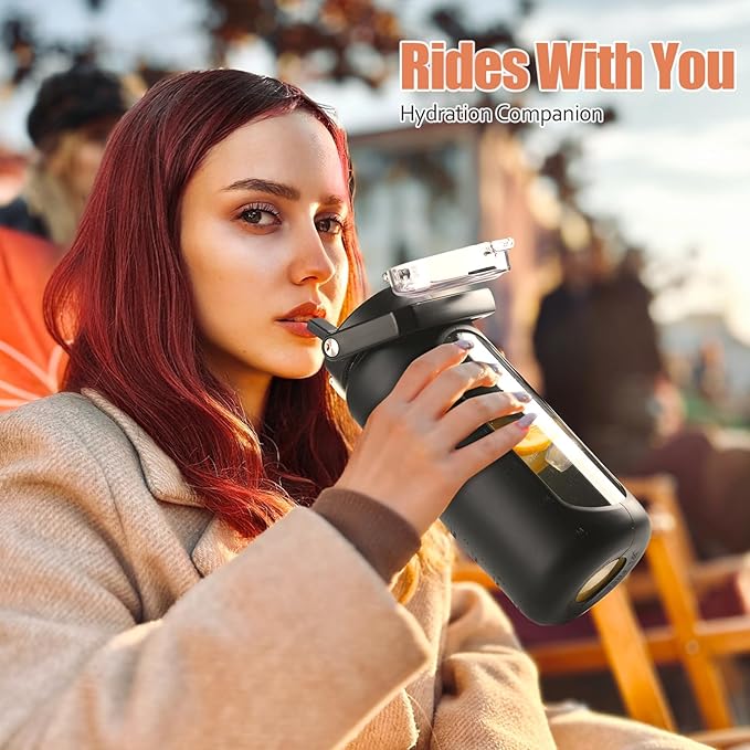 BLUEGO 64oz Glass Water Bottle with Handle and Straw, Motivational Sports Water Bottle with Time Marker and Silicone Sleeve Leakproof Drinking Bottle for Travel Gym Workout, Black