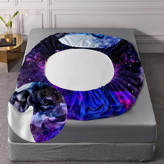 AILONEN Wolf Print Fitted Sheet Set Twin Size, Moon Galaxy Wolf Bed Sheet Set Twin,3 Pieces Twin Romantic Blue Rose Wolf Fitted Sheet with 2 Pillowcases