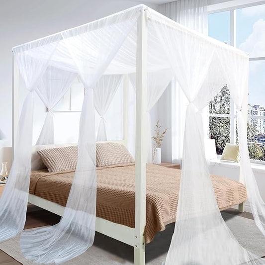 tupi White Canopy Bed Curtains for King/Queen Size Bed, 4 Corner Adult Bed Canopy, Ultra Elegant Bed Curtain Drapes Bedroom Decor, Stylish Polyester Netting Canopy, Easy Installation