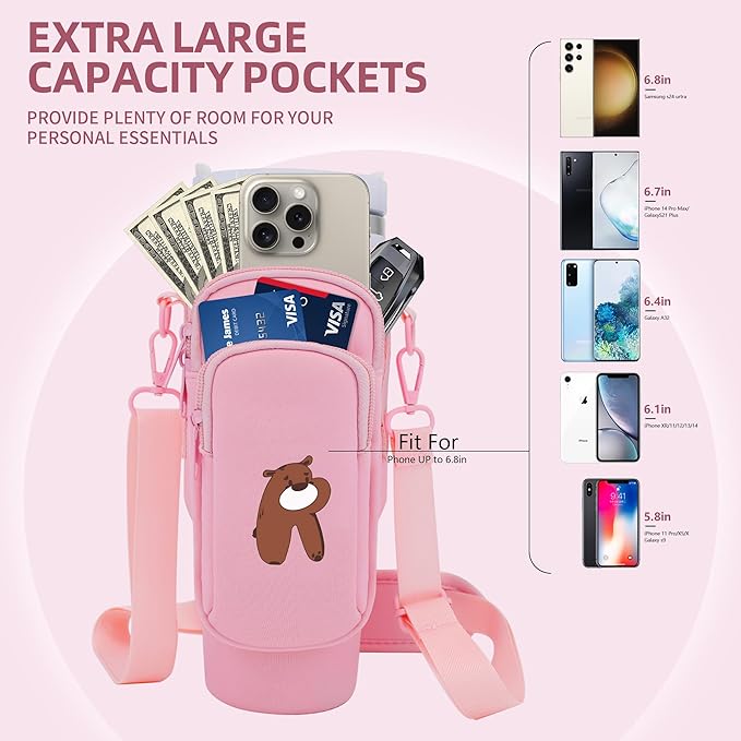 Water Bottle Carrier Bag with Phone Pocket for Stanley 40 oz Tumbler Neoprene Water Bottle Holder Pouch with Adjustable Strap Bollus with Straw Cover & Carabiner for Stanley Cup Accessories