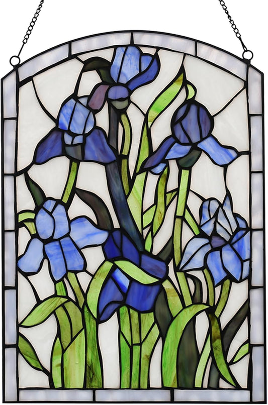 YOURANJU Iris Stained Glass Window Hanging 16" H x 11" W Tiffany Style Blue Rectangular Window Panel Suitable for Living Room Bedroom Kitchen Window Decoration Hangings with Chain