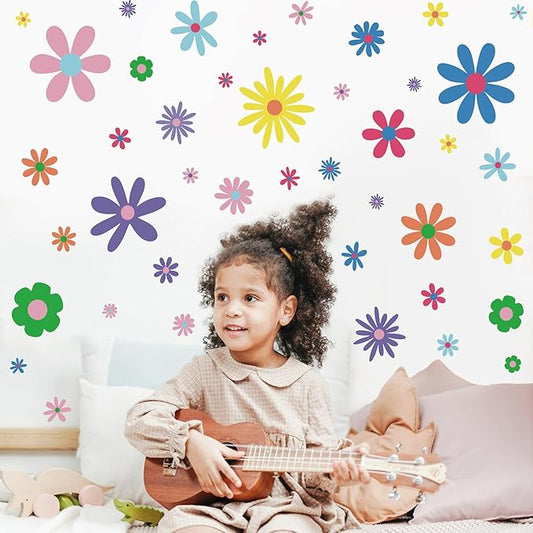 Amaonm 12 Sheets Large Daisy Wall Decals DIY Boho Sunflower Wall Stickers Peel and Stick Colorful ins Daisy Floral Wall Decor for Nursery Little Girls Teens Bedroom Living Room (9 Sheets of 90pcs)