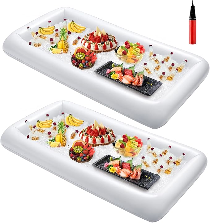 HBlife 2 PCS Inflatable Serving Bar, Salad Ice Tray Food Drink Containers with Drain Plug and 1 Hand Air Pump, Inflatable Buffet Cooler for Outdoor Party Supplies