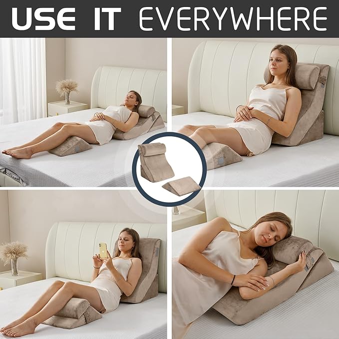 Qirroboni 4PCS Orthopedic Bed Wedge Pillow Set, Adjustable Pillows for Neck, Back and Leg Pain Relief Comfortable & Post Surgery Foam - Heartburn, Anti Snoring, Acid Reflux & GERD Sleeping Brown