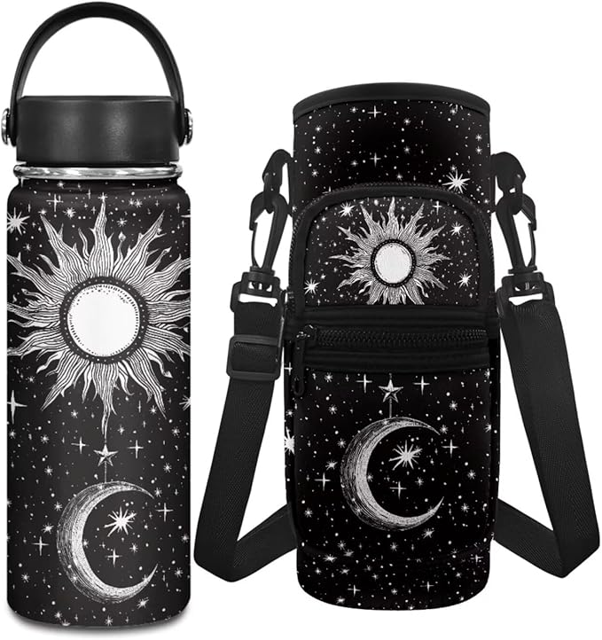 Sun 18 OZ Stainless Steel Water Bottle Moon Insulated Water Bottle and Water Bottle Carrier Bag Set Small Vacuum Bottle Water Bottle Bag