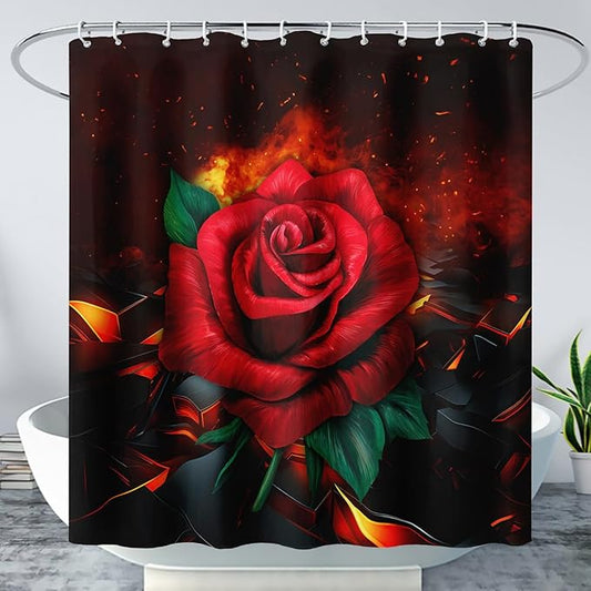 AILONEN Red Rose Shower Curtain for Bathroom, 3D Print Romantic Flower Bath Curtain,Modern Botanical Flame Fire Rose Flower Waterproof Shower Curtain Decoration with 12 Plastic Hooks, 48" W*72" H