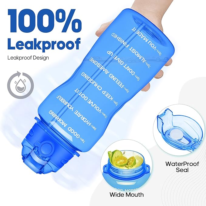 Water Bottles 1 / Half Gallon with Time Marker and Straw, Large Fitness Sports Motivational Bottle, Wide Mouth Leakproof and BPA Free for Travel, Gym,office,school
