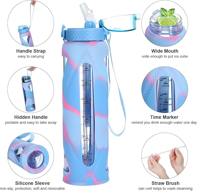 GOPPUS Glass Water Bottles with Straw and Flip Lid, Motivational Water Bottles with Time Marker Reminder and Silicone Sleeve, Leakproof, BPA Free (32 oz, Light Blue and Pink)
