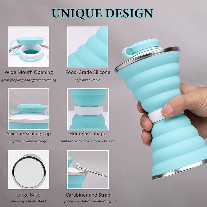 jessie Collapsible Water Bottles 17 oz Silicone Foldable Water Bottles Portable Travel Water Bottle with Buckle for Camping Hiking Sports Outdoor Gym Summer (Light green)