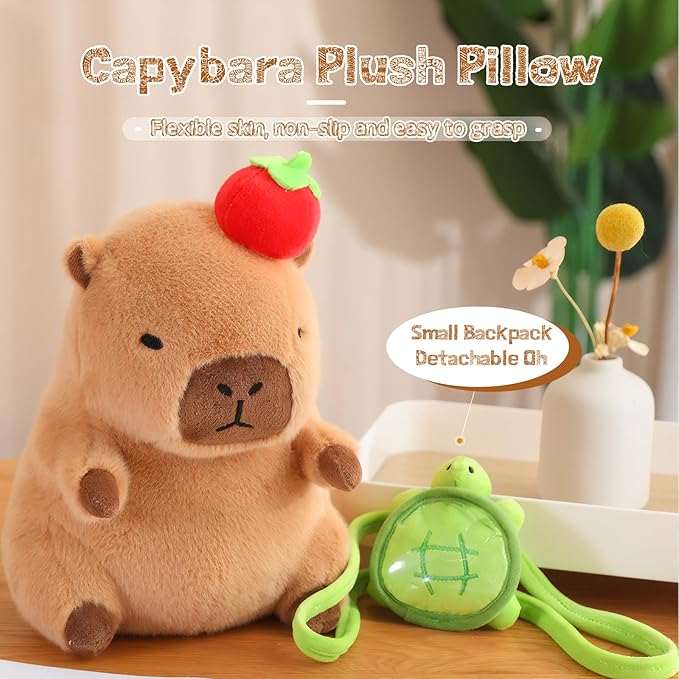 Cute Capybara Plush with Turtle Backpack Kawaii Capybara Stuffed Animal with Apple Capybara Plushies Soft Capybara Pillow Toy Birthday for Kids Boys Girls 12 inch