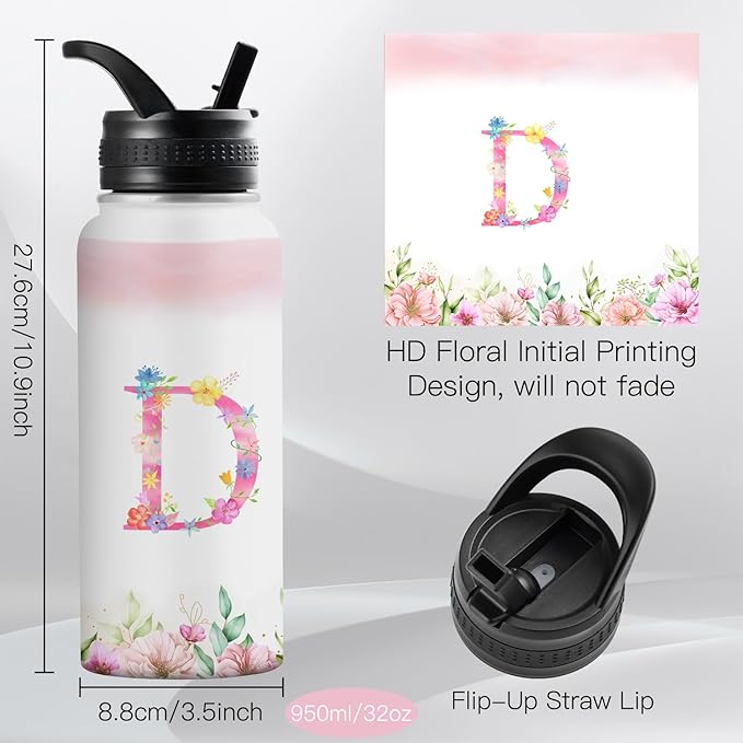 Personalized 32oz Water Bottle with Straw Customized Initial Letter Sport Bottles Monogrammed Initial Insulated Bottle Coffee Mug for Travel (D)