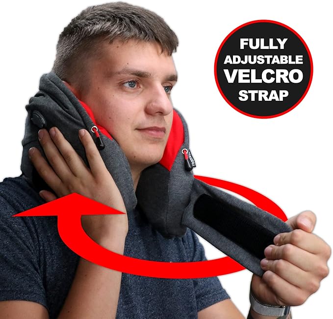 Roamwild Travel Pillow with Unique Self Inflating Built in Side Supports | Washable | (Red & Gray)