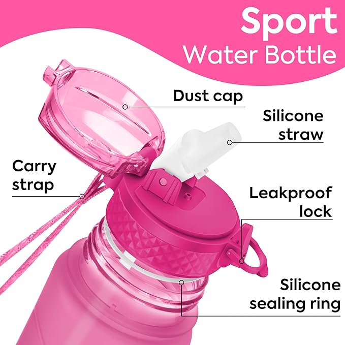 OLDLEY Kids Water Bottle with Straw 15 oz BPA-Free Leak-Proof Motivational Water Bottles with Time Marker for School Sports Travel Gym, Easy to Use for Girls Goys, 1 Straw Lid, Rose-Red Green
