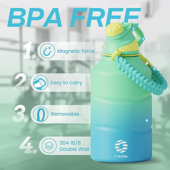 Insulated Half Gallon Water Bottle 64oz with Magnetic Lid,Stainless Steel Double-Wall Vacuum Leak Proof Sports Insulated Jug with Paracord Handle, Keep Water Hot & Cold for Outdoor,Gym