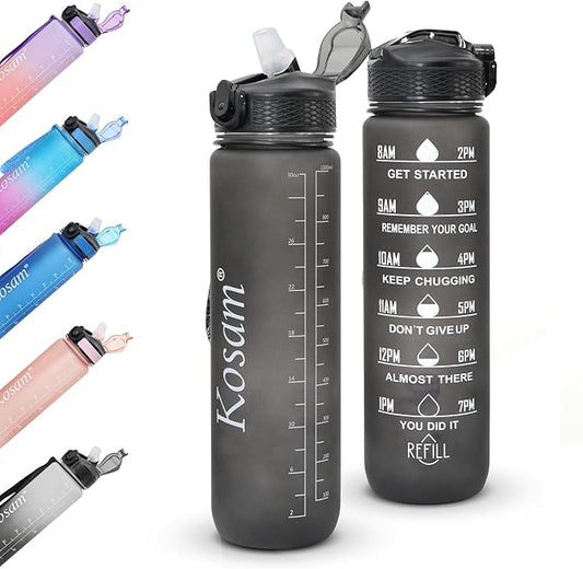 KOSAM Water Bottle 1L Sports Water Bottle with Motivational Time Marker & Straw, Dishwasher Safe Leak-proof Drink Bottle BPA Free Non-Toxic Tritan Material 1 Click Open for Running Gym