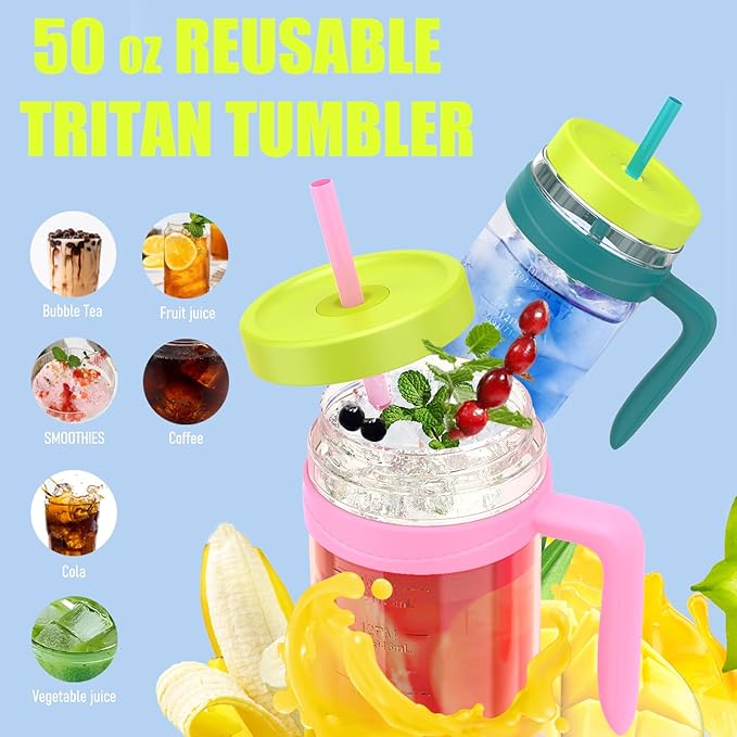 Tronco 50 oz Tritan Plastic Tumbler with Lid and Straw, BPA-Free Reusable Clear Water Bottle with Time Marker, 100% Leak Proof & Wide Mouth for Iced Coffee, Juice, Bubble Tea, Smoothies