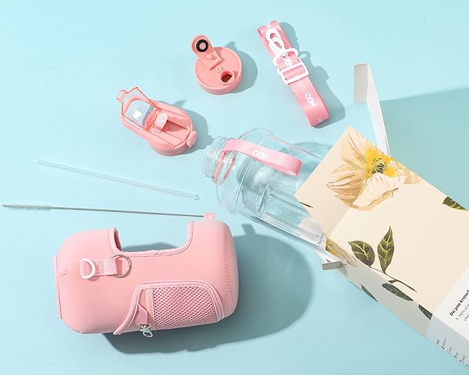 H2O Capsule 2.2L Half Gallon Water Bottle with Storage Sleeve and Removable Straw – BPA Free Large Reusable Drink Container with Handle - Big Sports Jug, 2.2 Liter (74 Ounce), Rose Quartz