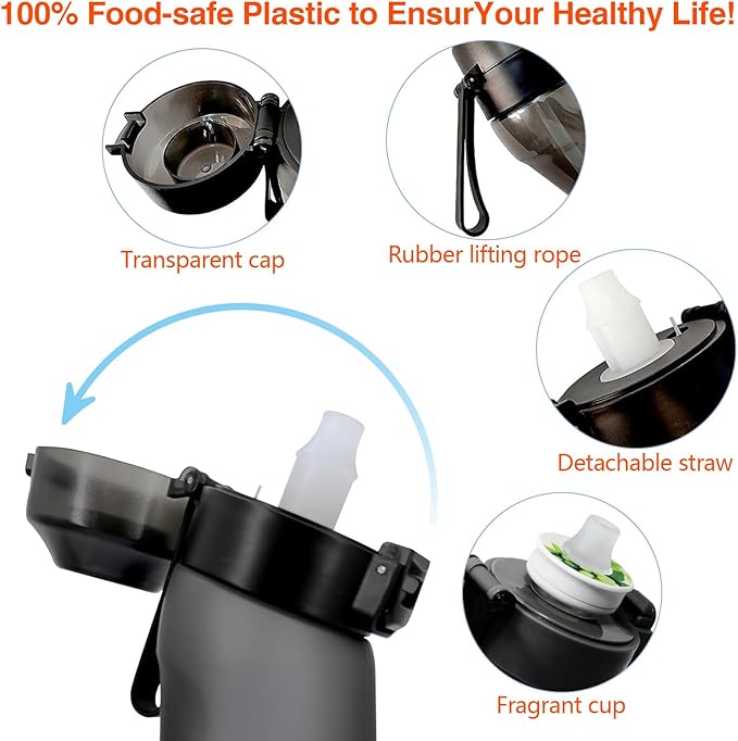 Water Bottle with 7Pcs Air Flavor Pods, Air Bottle Pods Water Bottle, Flavor Caps with Water Bottle, Fruit Scent Pods for Outdoor Sport(Matte Black-7 Pods)